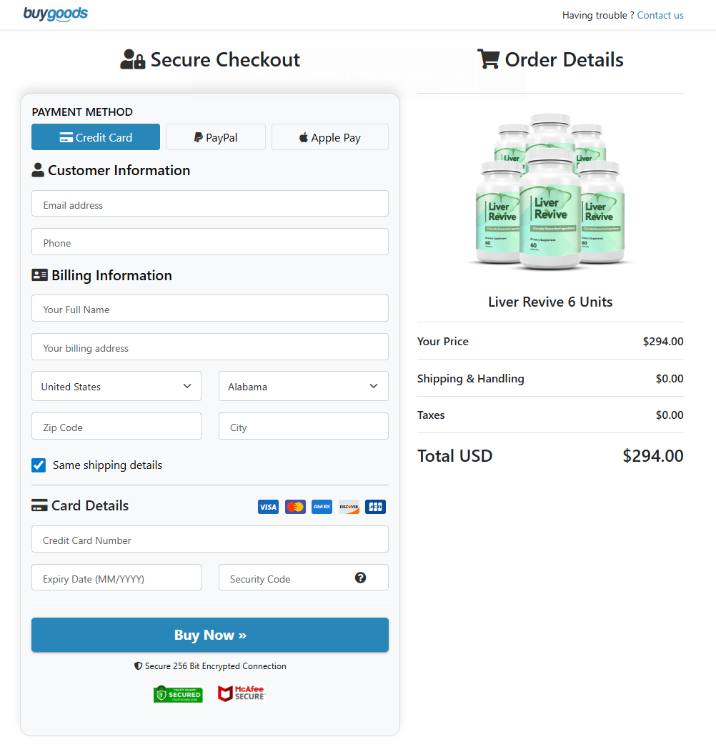 Liver Revive order checkout page
